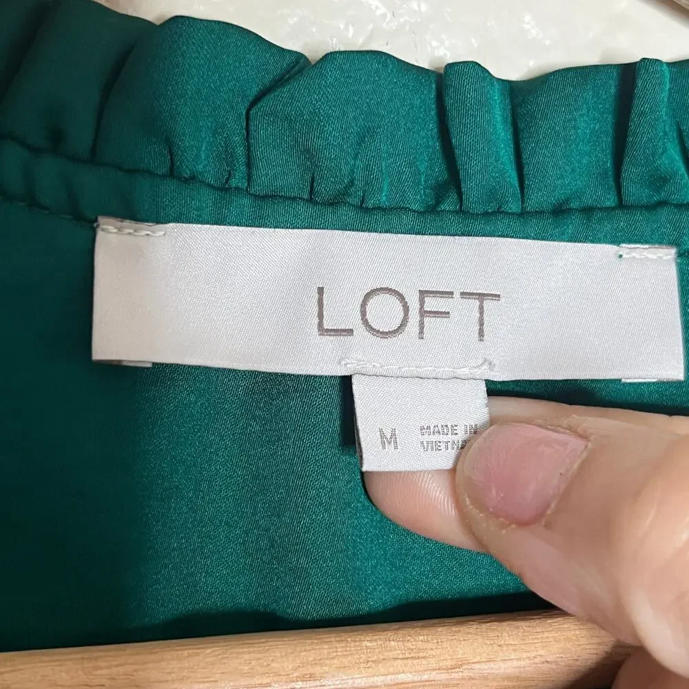 Loft Green Puff Sleeve Tie Neck Cotton Modal Blouse Womens Medium